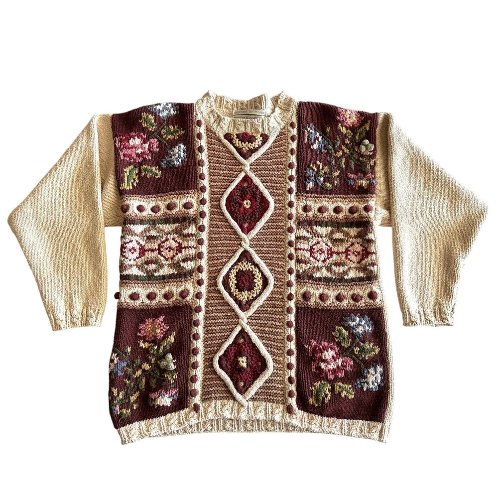 Jennifer & Company VTG 90s Hand Knit Cotton Blend Cottage Cabbage Rose Sweater L